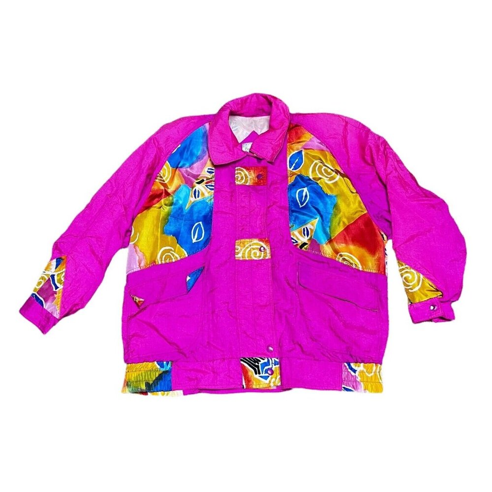 Vintage London Towne Fog Jacket Neon Pink Color Block 80s Windbreaker XL Jacket